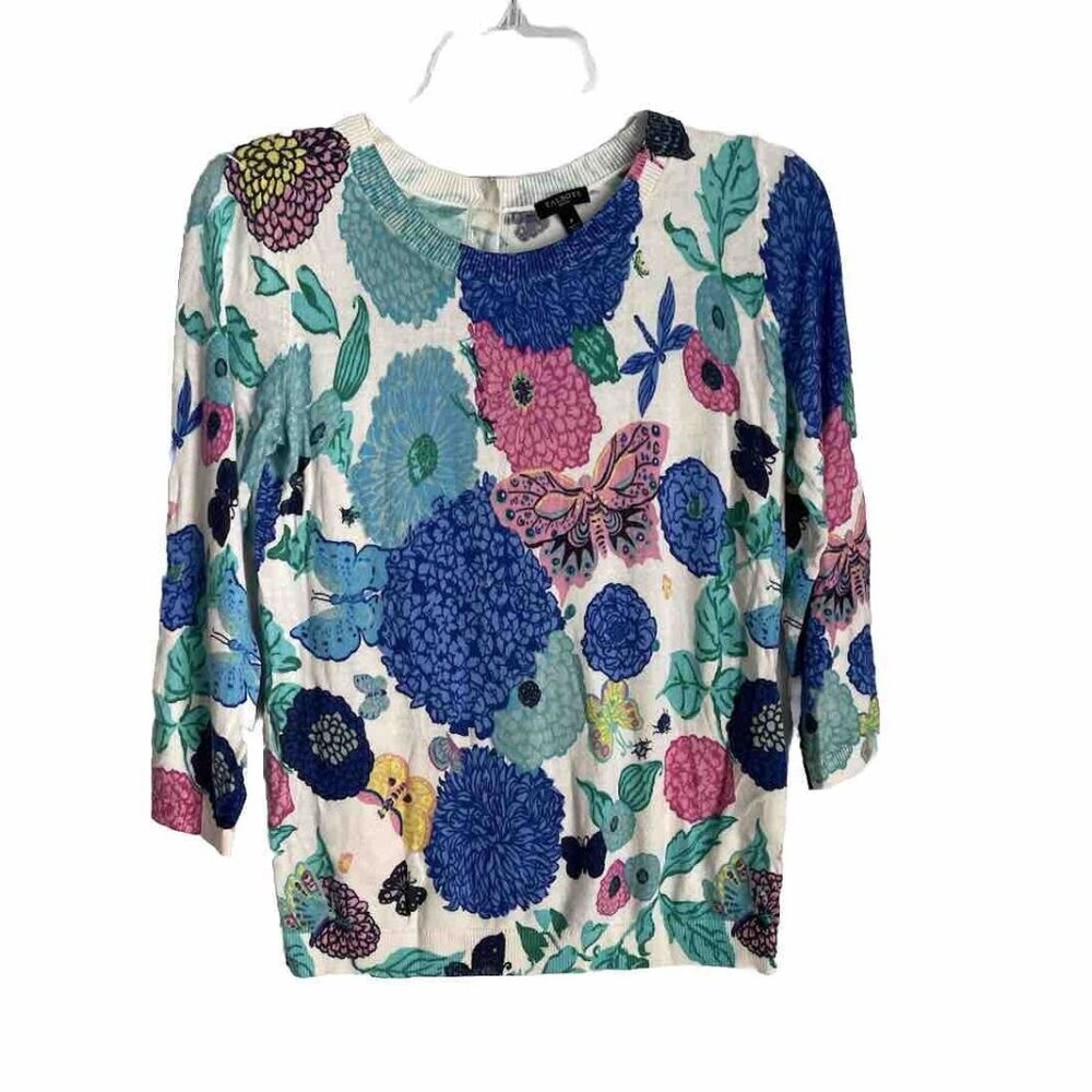 Talbots 3/4 Sleeve Button Back Cardigan Butterflies Dragonflies